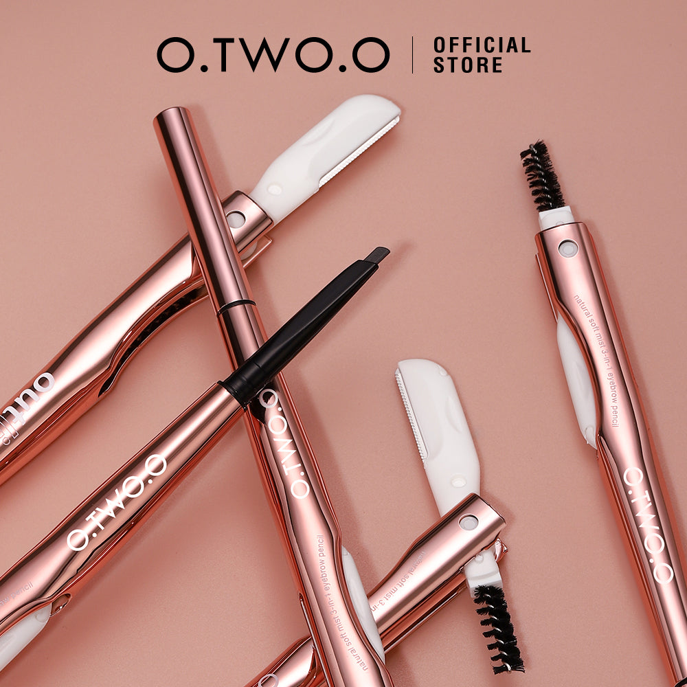 Set of rose gold brow grooming tools with 'O.TWO.O' branding on a beige background.