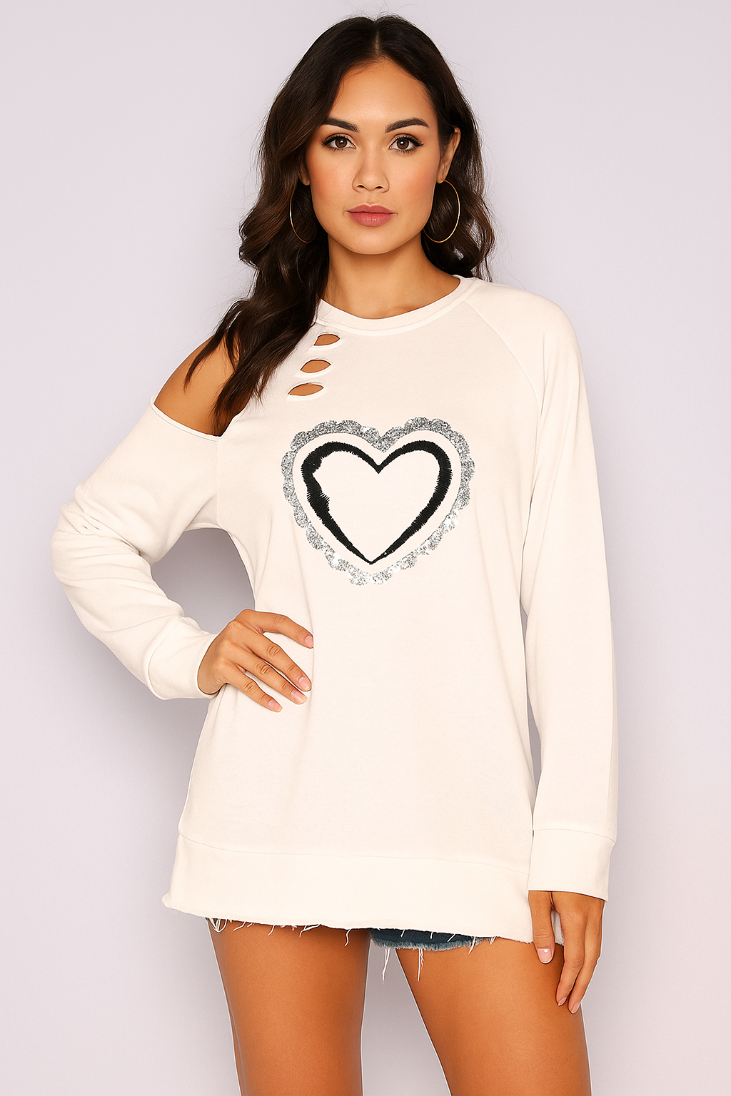 Open Shoulder Heart Detail Sweater