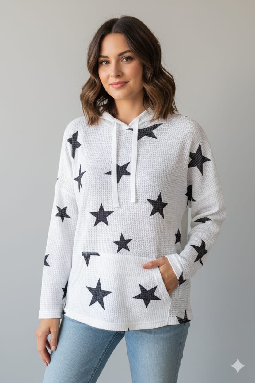 Star-Print Waffle Knit Hoodie